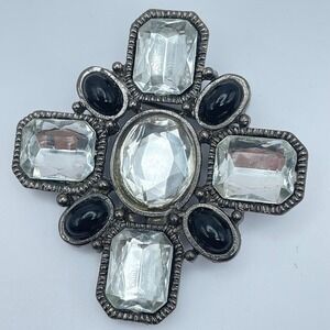 Vintage 90s Gothic Silver Tone Black Onyx Glass‎ Cross Brooch Pin Art Deco